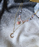 Collier lune double rang rhodonite , acier inoxydable