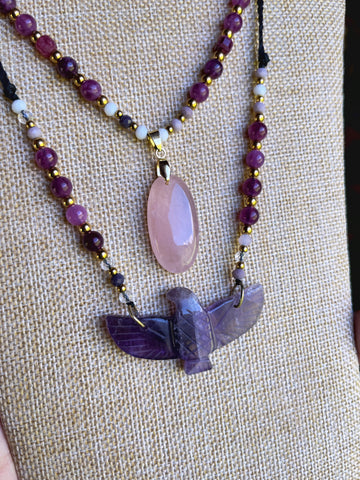 Collier double rang améthyste quartz rose